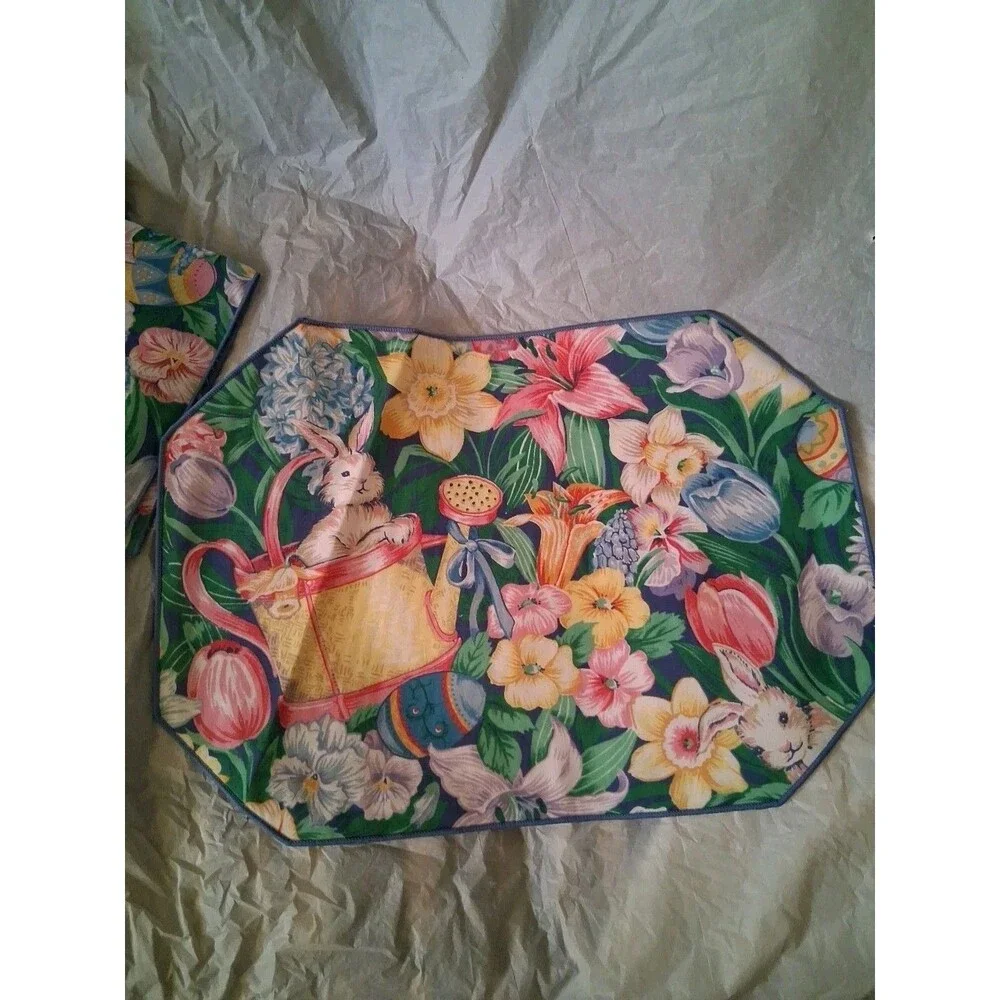 Vintage EASTER Bunny Fabric Napkins 17” Square Tulips Eggs Pastel Set of 3